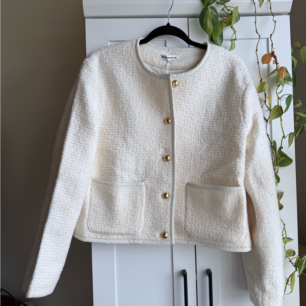 Reformation 'Dale' Cropped Teddy Jacket with Gold Buttons in Cream